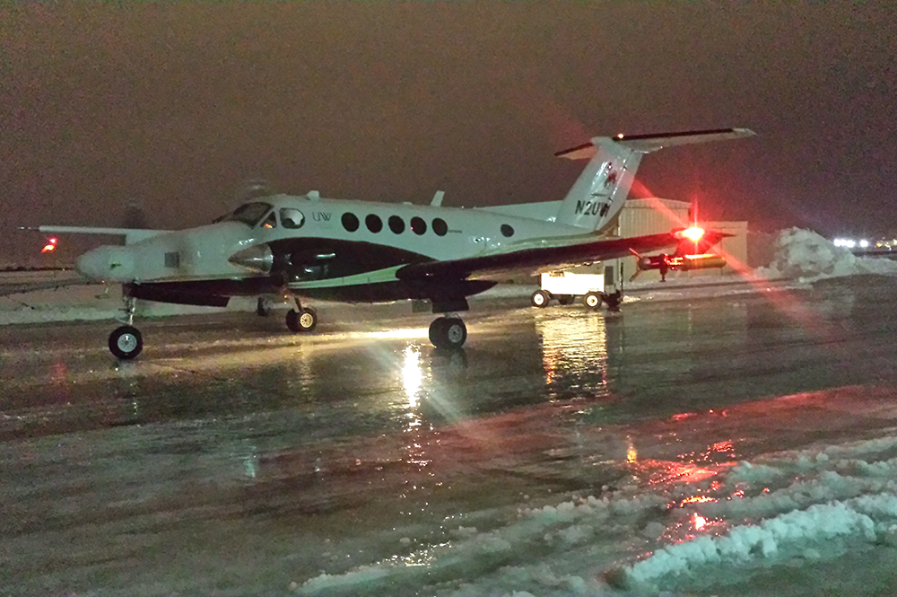 A King Air from the University of Wyoming is being used to measure the effects of silver iodide during the SNOWIE cloud seeding project. (Photo by Matt Burkhart.)