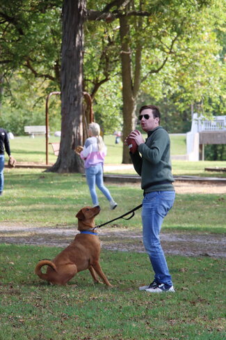 Student and dog playing football