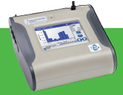 Portable air quality monitor with a digital screen displaying measurement data.